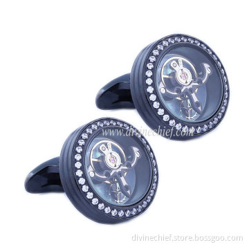 2016 Newest Blacked Plated Mounted Stone Men Tourbillon Movement Cufflinks